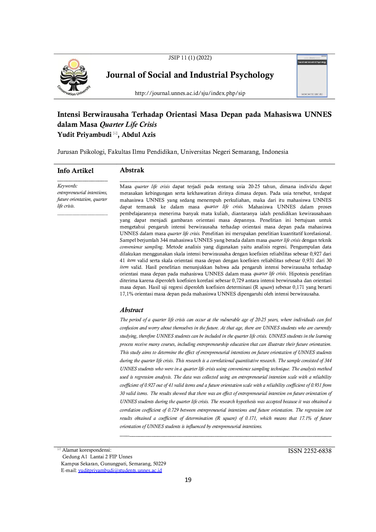 JURIS Intensi Berwirausaha Terhadap Orientasi Masa Depan pada Mahasiswa UNNES dalam Masa Quarter Life Crisis