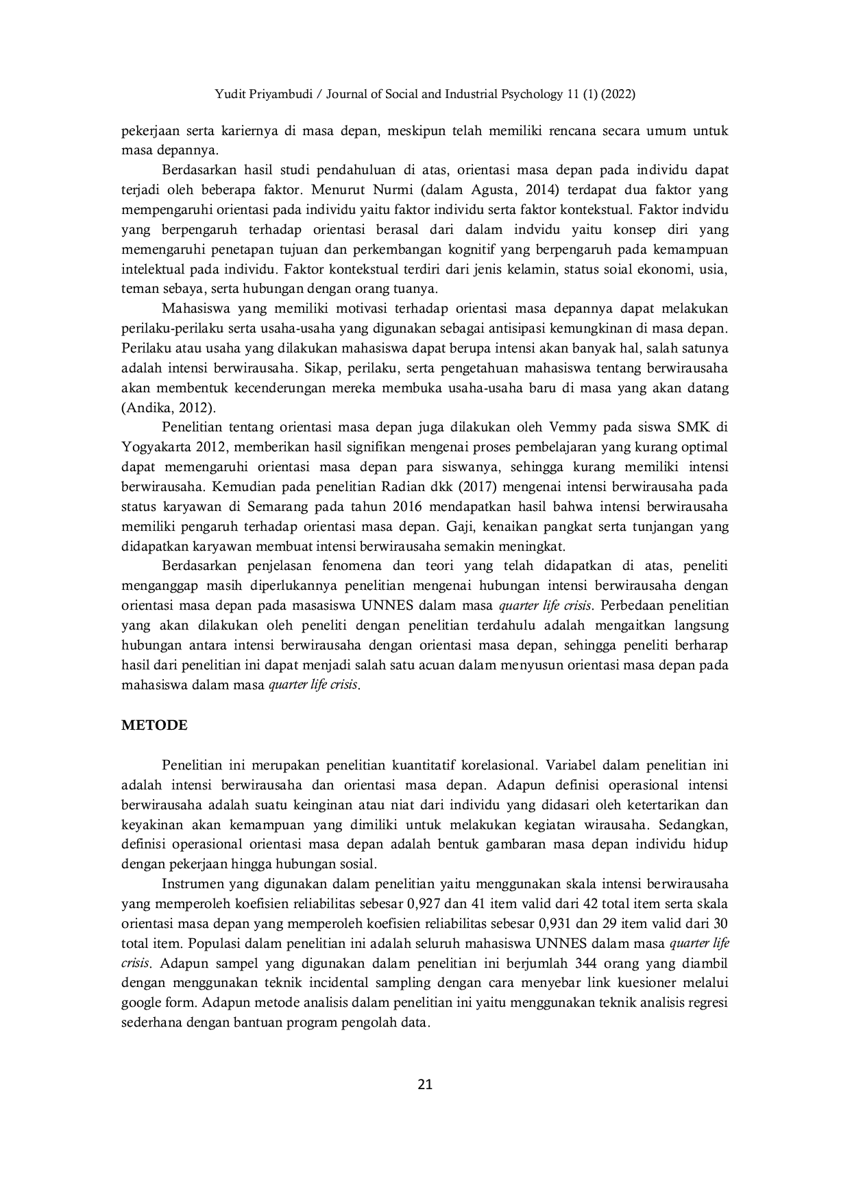 JURIS Intensi Berwirausaha Terhadap Orientasi Masa Depan pada Mahasiswa UNNES dalam Masa Quarter Life Crisis