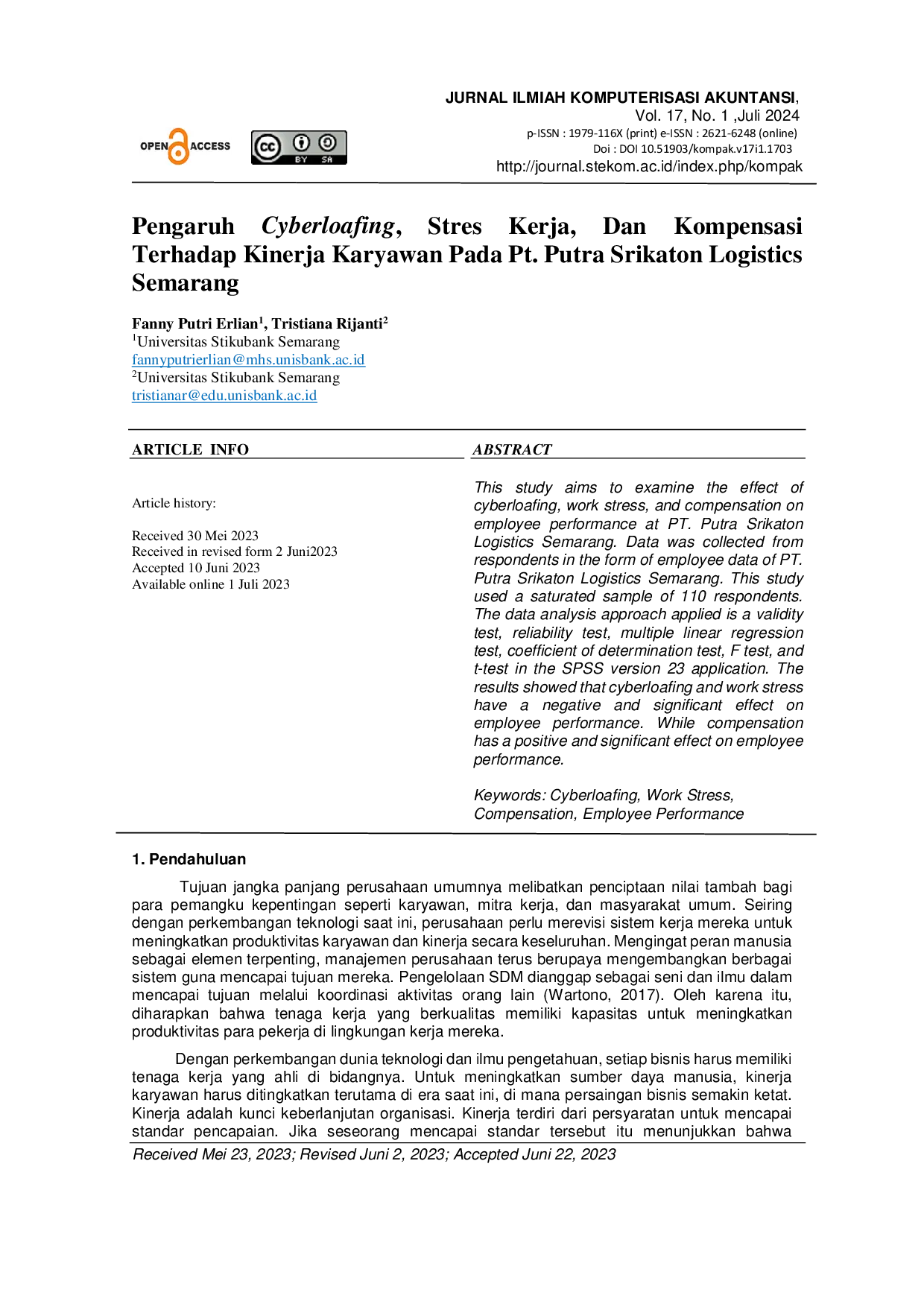 JURIS Pengaruh Cyberloafing Stres Kerja dan Kompensasi terhadap Kinerja Karyawan pada PT Putra Srikaton Logistics Semarang