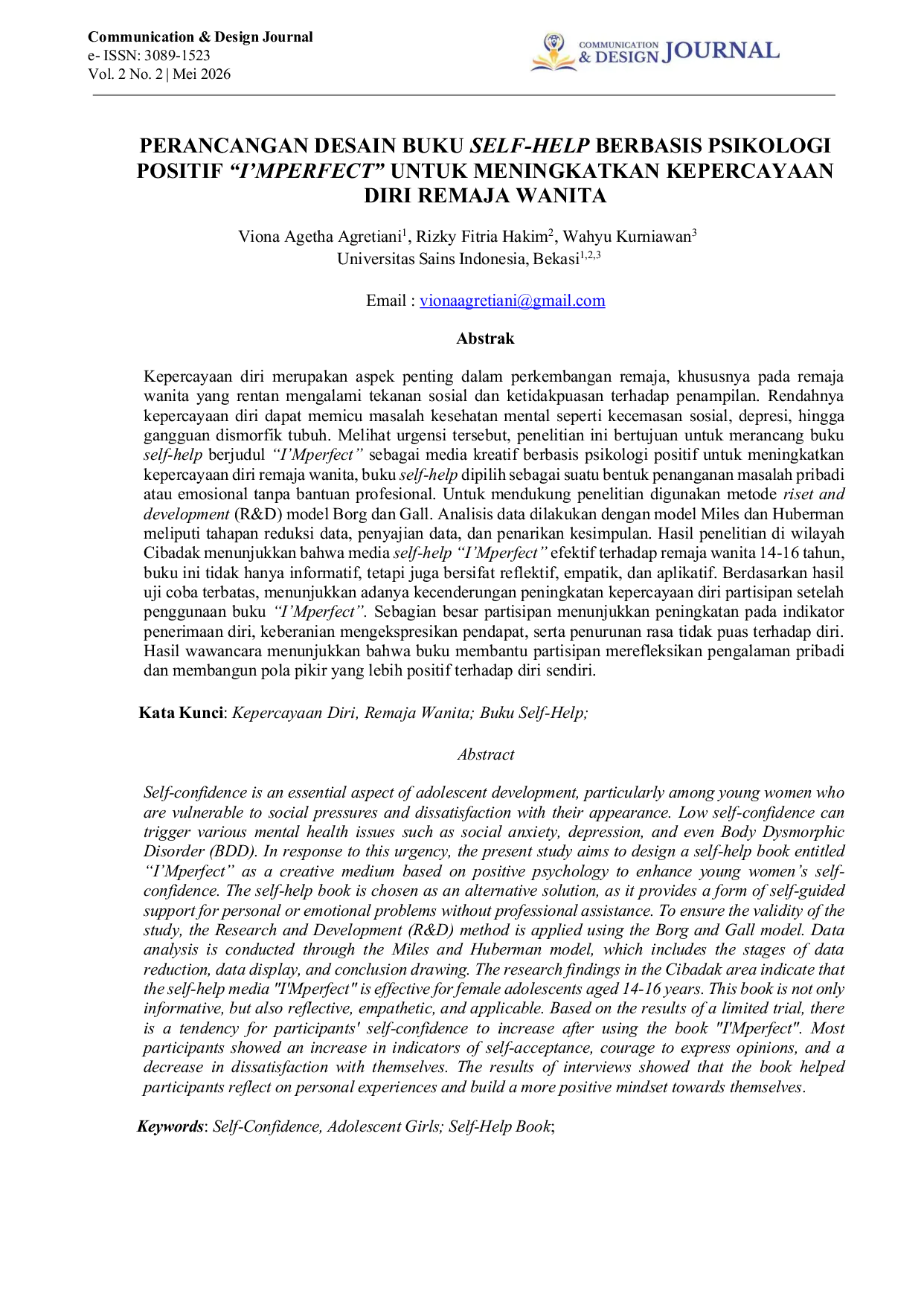 JURIS Perancangan Desain Buku Self Help Berbasis Psikologi Positif I MPerfect Untuk Meningkatkan Kepercayaan Diri Remaja Wanita