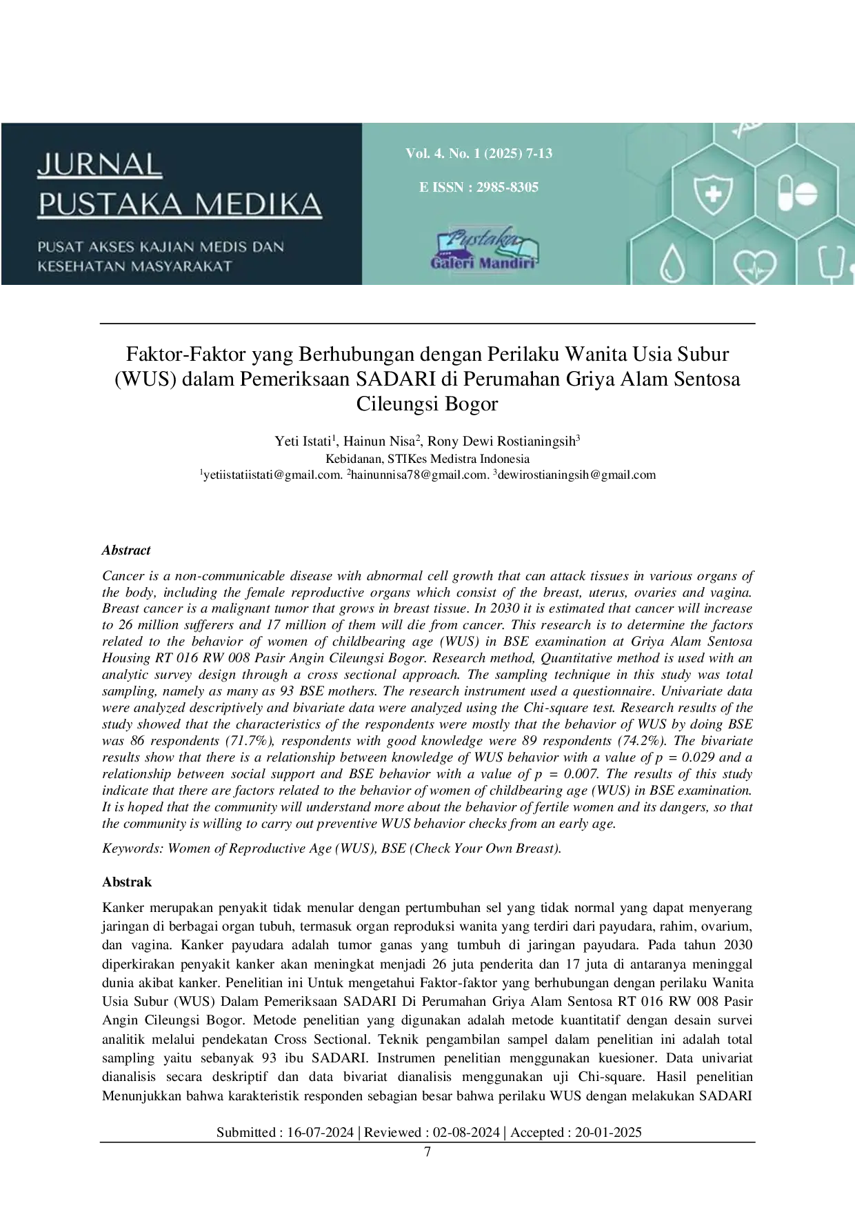 JURIS Faktor Faktor yang Berhubungan dengan Perilaku Wanita Usia Subur WUS dalam Pemeriksaan SADARI di Perumahan Griya Alam Sentosa Cileungsi Bogor