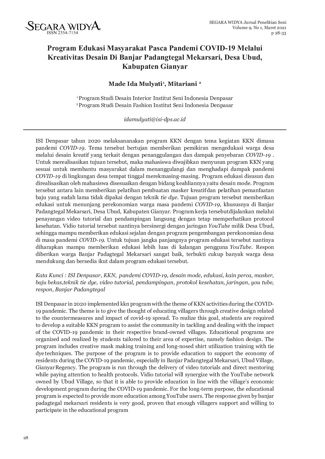 JURIS Program Edukasi Masyarakat Pasca Pandemi COVID 19 Melalui Kreativitas Desain Di Banjar Padangtegal Mekarsari Desa Ubud Kabupaten Gianyar