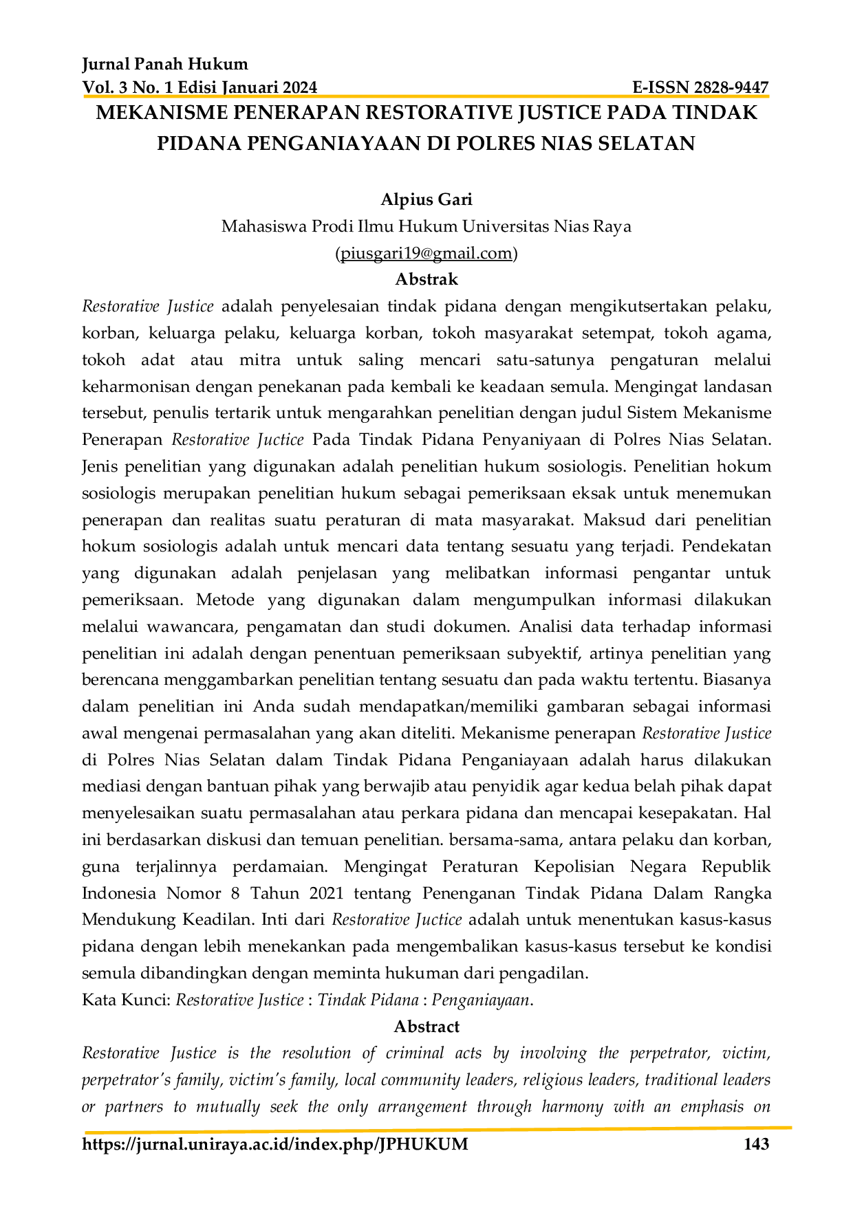 JURIS Mechanisms of Applying Restorative Justice in the Crime of Assault at Nias Selatan Police