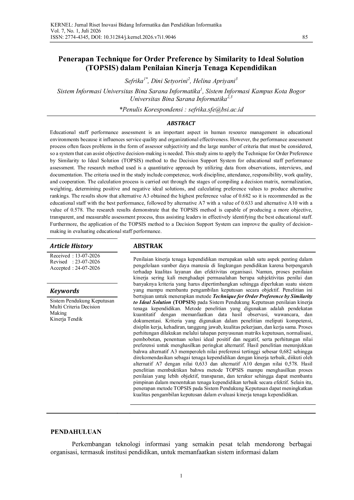 JURIS Application of the Technique for Order Preference by Similarity to Ideal Solution TOPSIS in the Assessment of Educational Personnel Performance