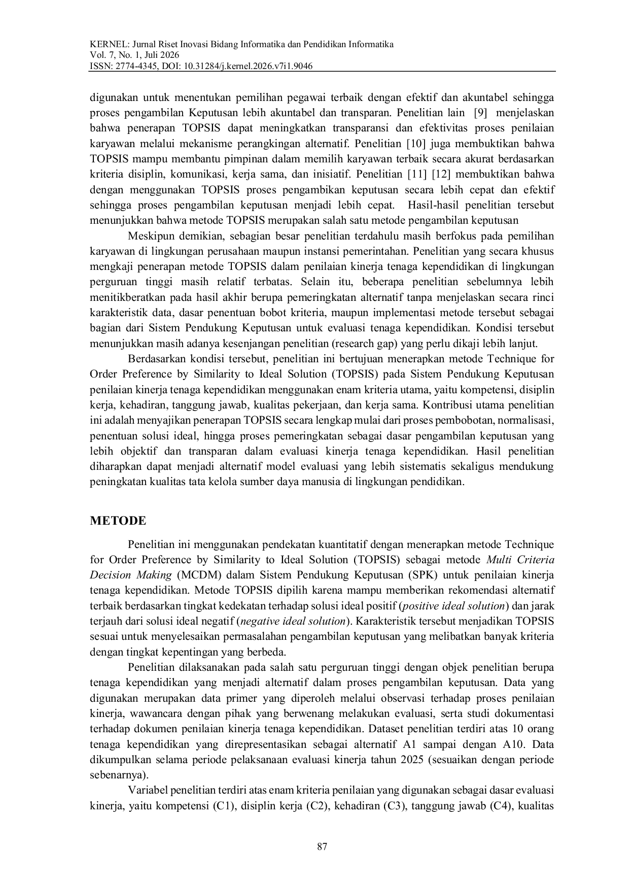 JURIS Application of the Technique for Order Preference by Similarity to Ideal Solution TOPSIS in the Assessment of Educational Personnel Performance