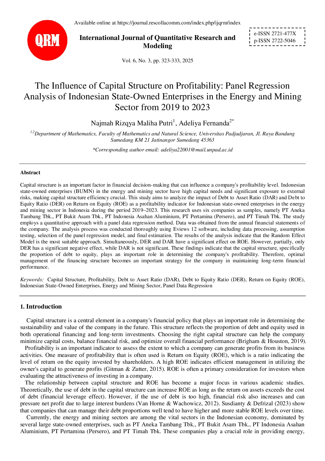 juris The Influence of Capital Structure on Profitability Panel Regression Analysis of Indonesian State Owned Enterprises in the Energy and Mining Sector from 2019 to 2023