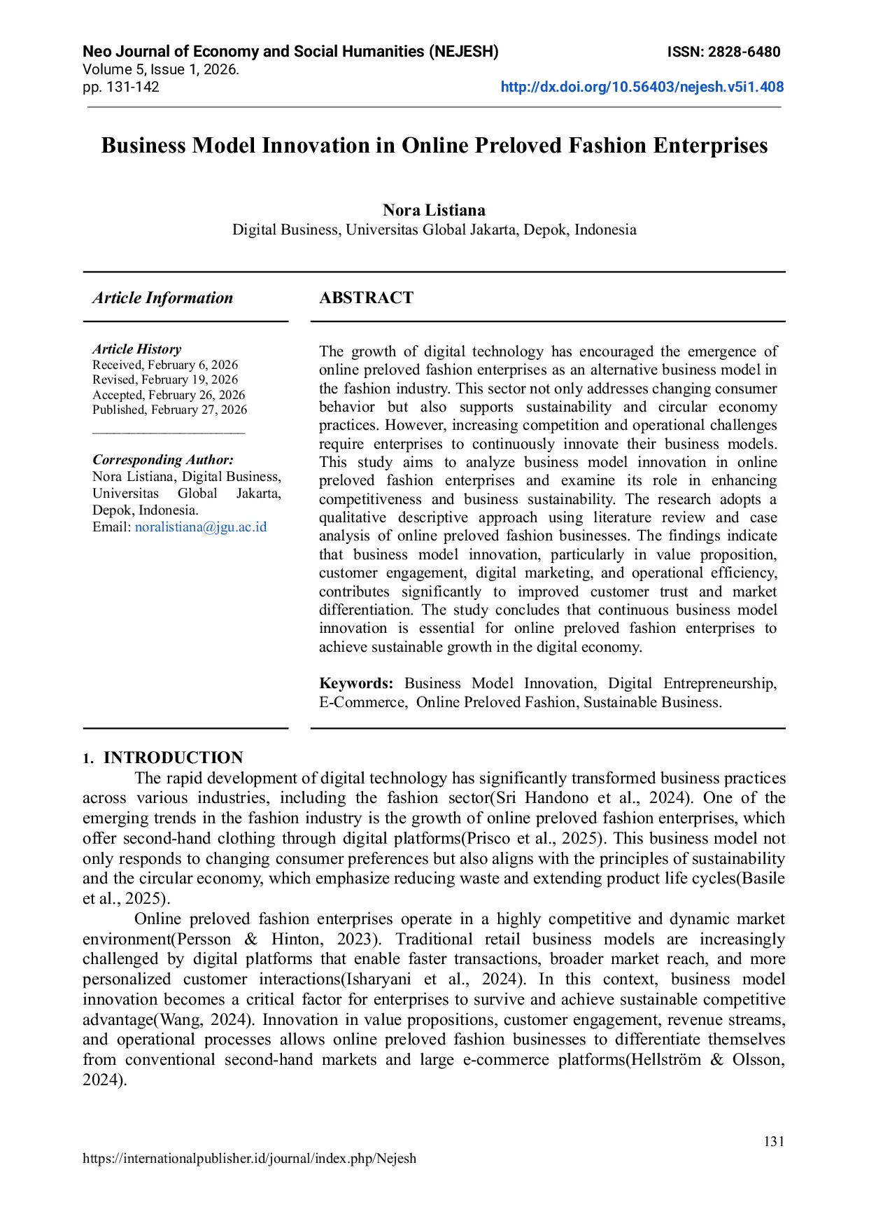 JURIS Business Model Innovation In Online Preloved Fashion Enterprises