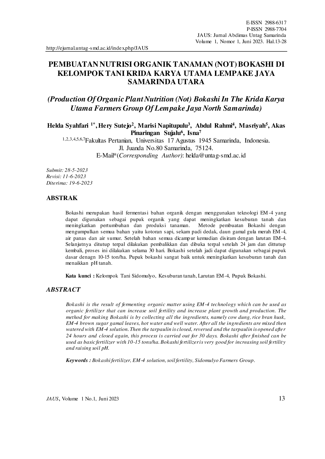 JURIS Pembuatan Nutrisi Organik Tanaman Not Bokashi Di Kelompok Tani Krida Karya Utama Lempake Jaya Samarinda Utara