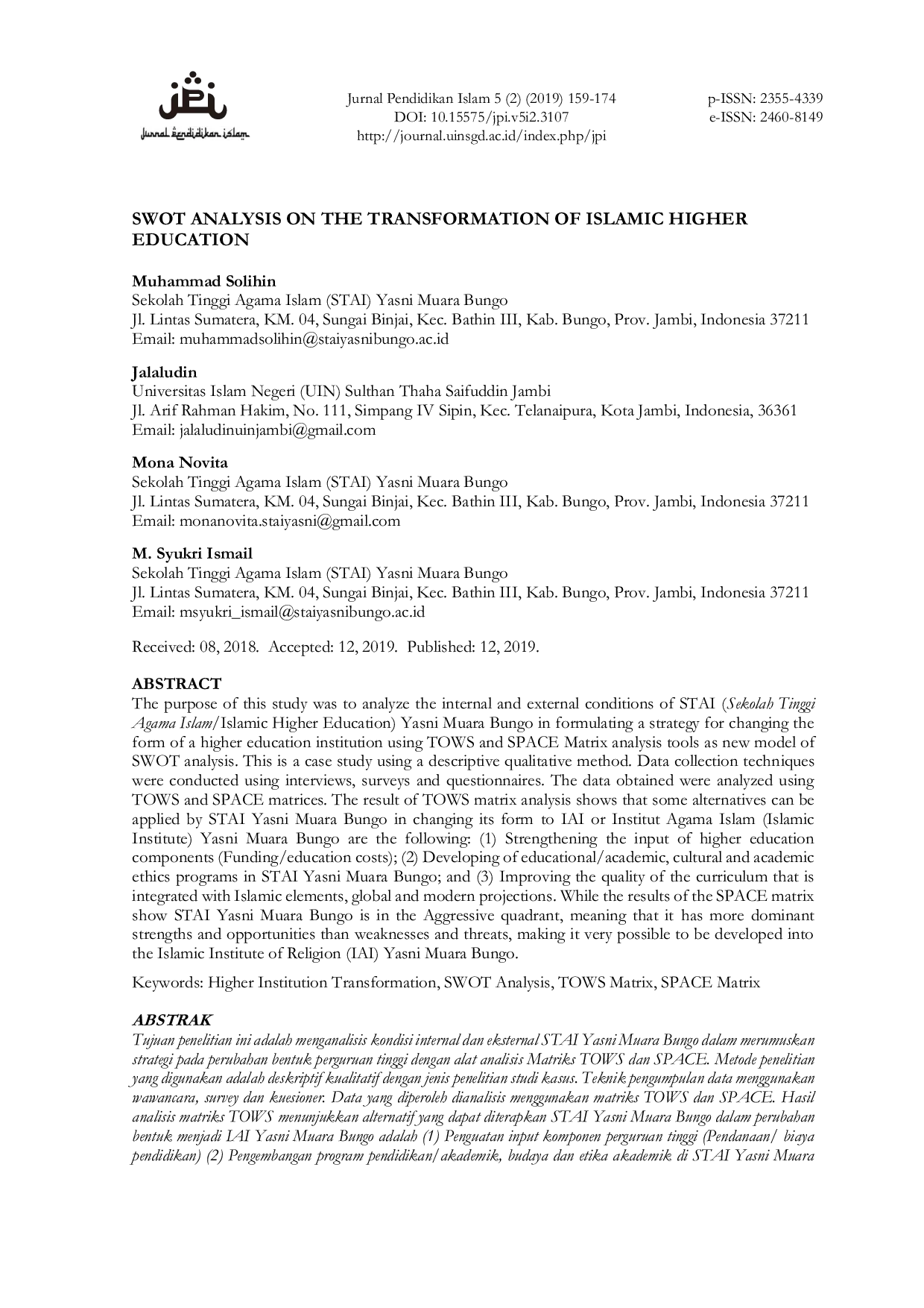 JURIS SWOT Analysis on The Transformation of Islamic Higher Education