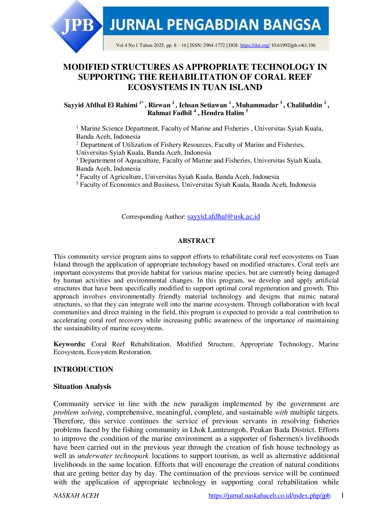 JURIS Modified Structures As Appropriate Technology In Supporting The Rehabilitation Of Coral Reef Ecosystems In Tuan Island