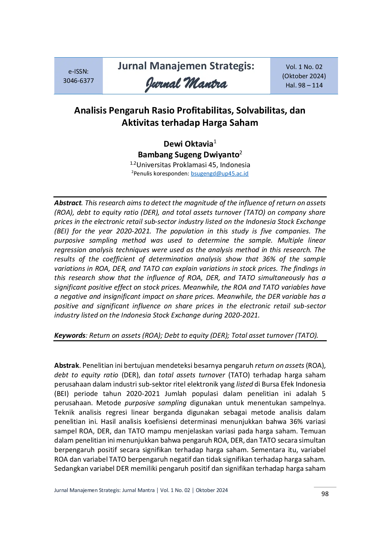 JURIS Analisis Pengaruh Rasio Profitabilitas Solvabilitas dan Aktivitas terhadap Harga Saham