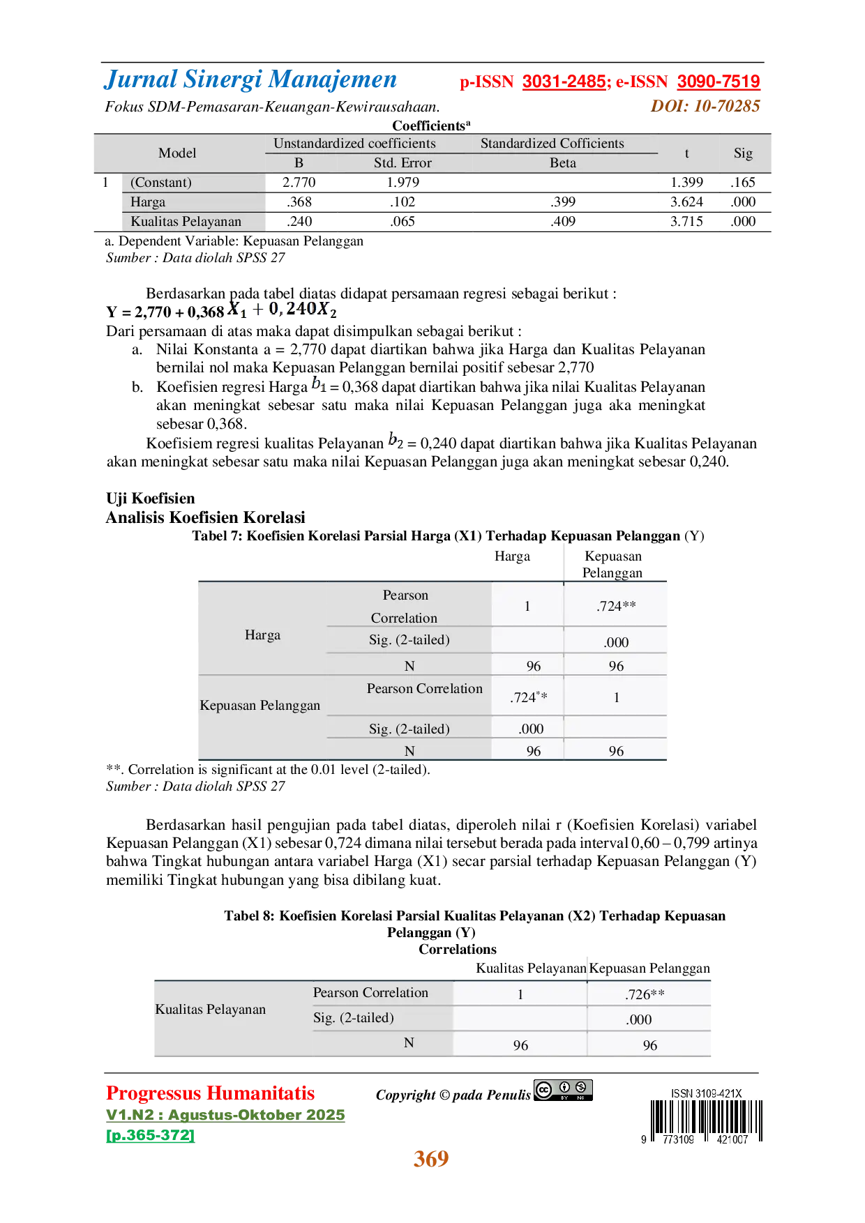 JURIS Pengaruh Harga dan Kualititas Pelayanan Terhadap Kepuasan Pelanggan Aplikasi Gojek Mahasiswa Semester 7 Reguler A Tahun Ajaran Ganjil 2024 2025