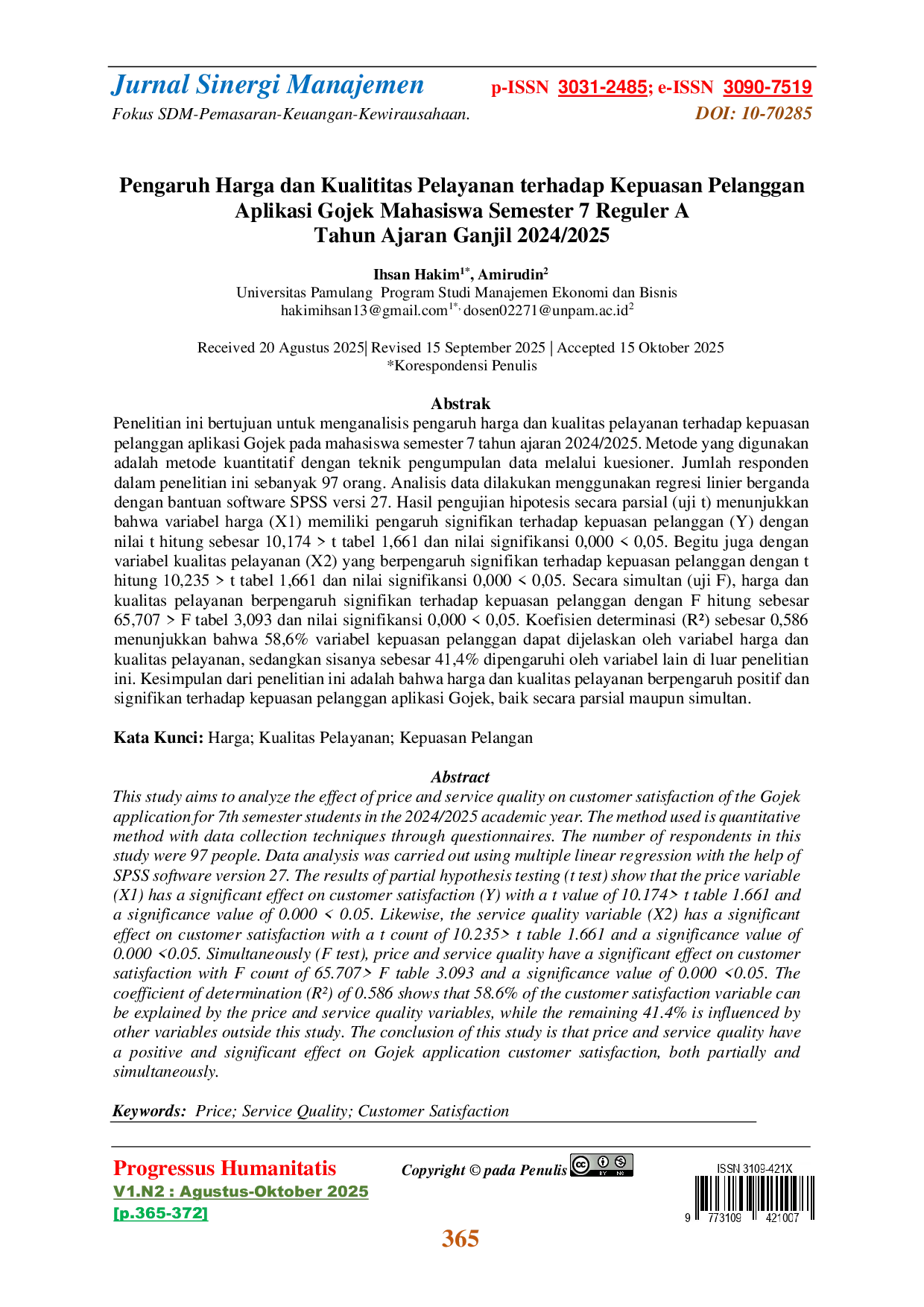 JURIS Pengaruh Harga dan Kualititas Pelayanan Terhadap Kepuasan Pelanggan Aplikasi Gojek Mahasiswa Semester 7 Reguler A Tahun Ajaran Ganjil 2024 2025