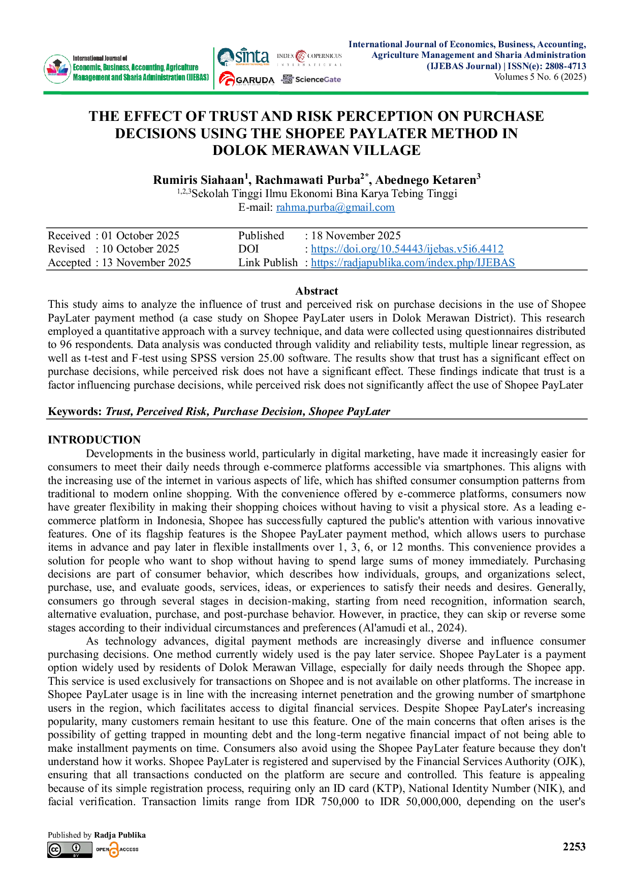 JURIS The Effect of Trust and Risk Perception on Purchase Decisions Using the Shopee PayLater Method in Dolok Merawan Village