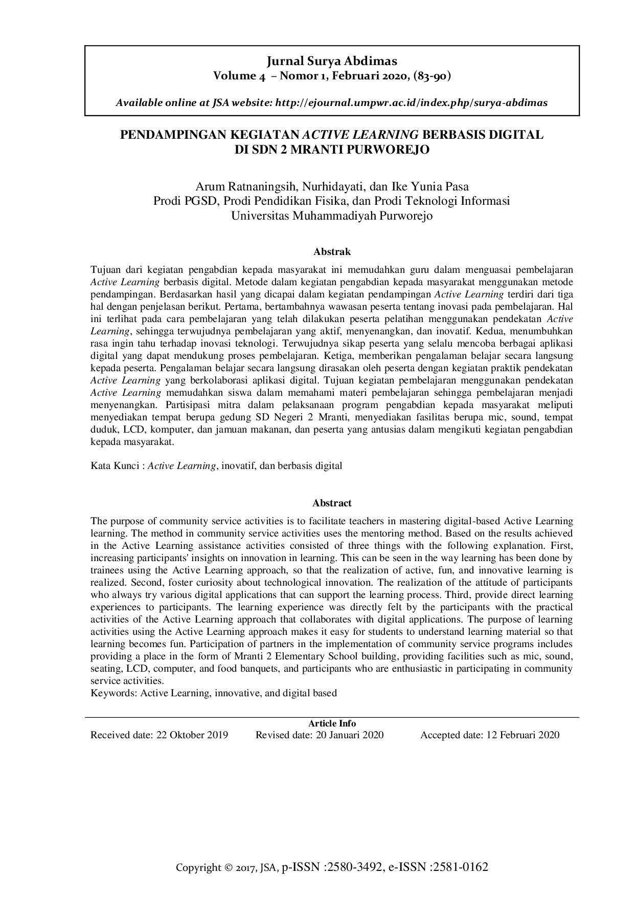 JURIS Pendampingan Kegiatan Active Learning Berbasis Digital di SD N 2 Mranti Purworejo