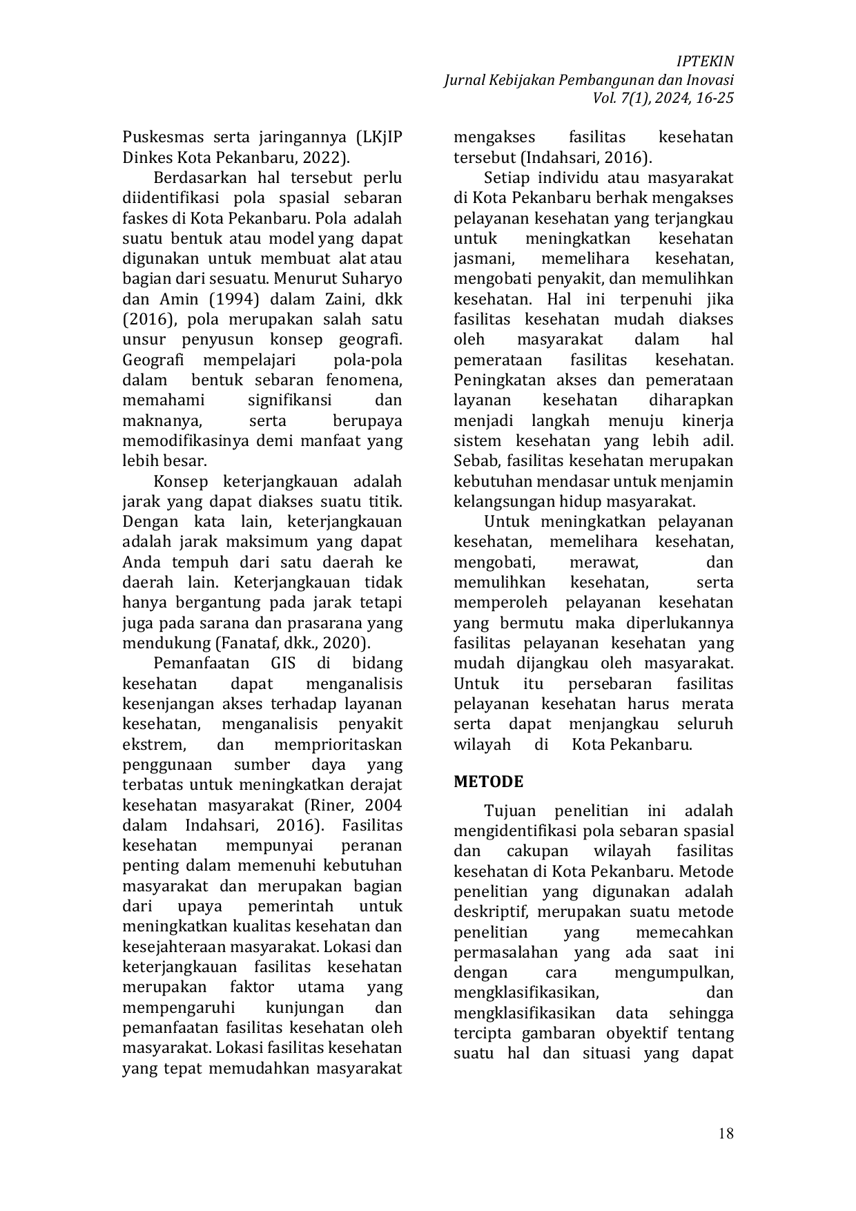 JURIS Analisis Pola Spasial Persebaran Fasilitas Pelayanan Kesehatan Di Kota Pekanbaru