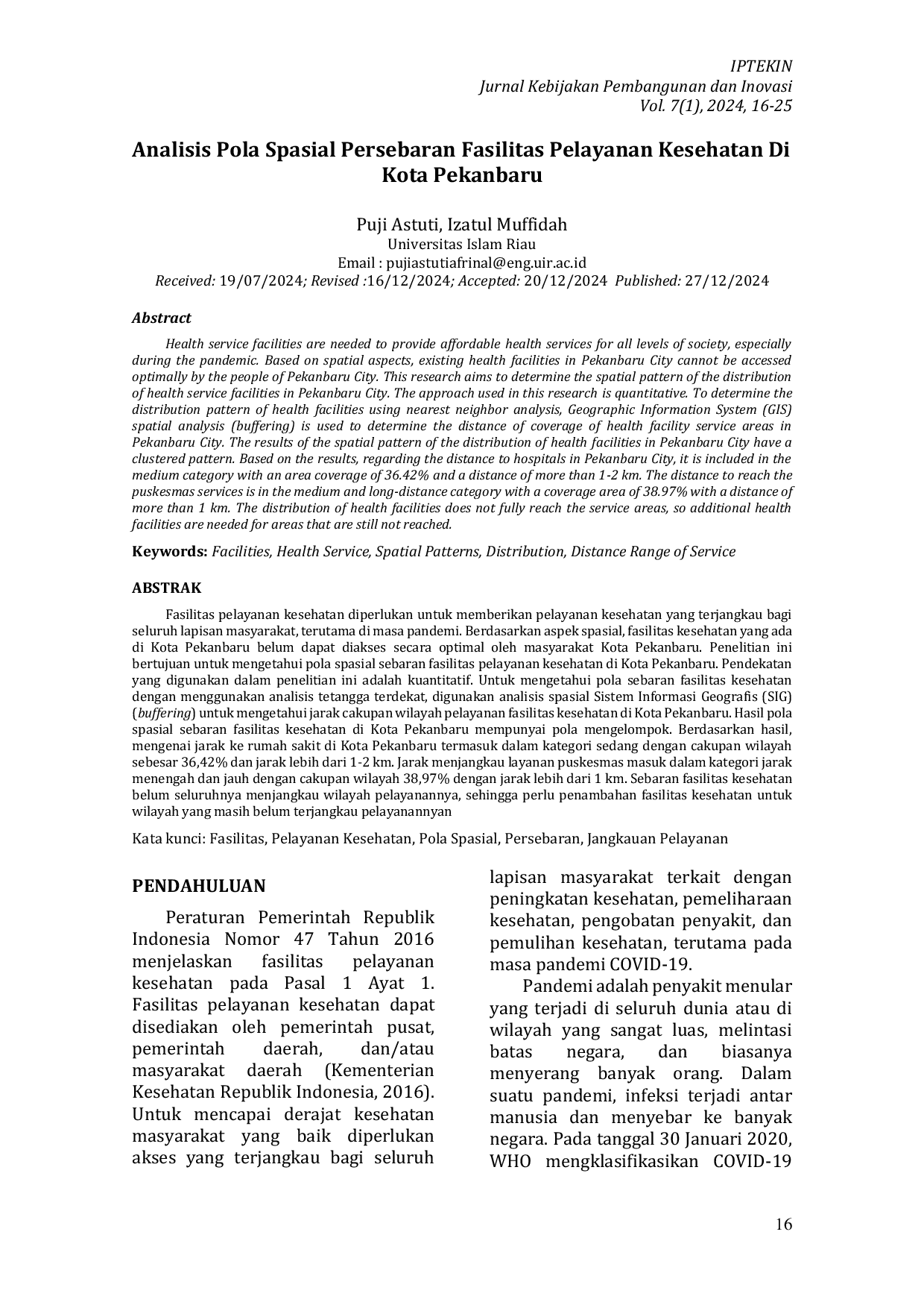 JURIS Analisis Pola Spasial Persebaran Fasilitas Pelayanan Kesehatan Di Kota Pekanbaru