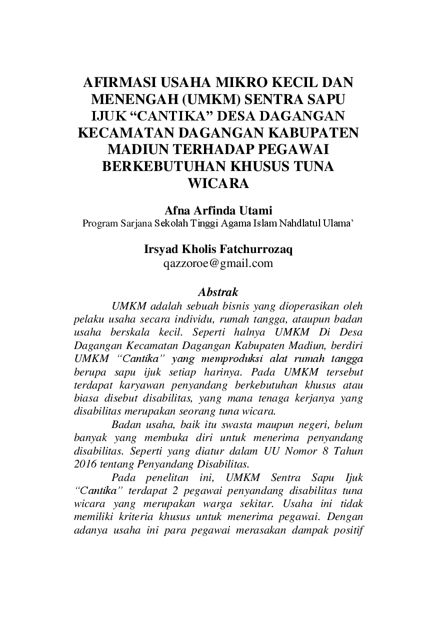 juris Afirmasi Usaha Mikro Kecil dan Menengah UMKM Sentra Sapu Ijuk Cantika Desa Dagangan Kecamatan Dagangan Kabupaten Madiun Terhadap Pegawai Berkebutuhan Khusus Tuna Wicara
