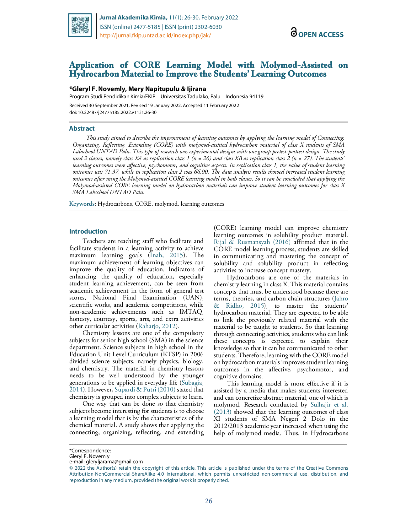 juris Application of CORE Learning Model with Molymod Assisted on Hydrocarbon Material to Improve the Students Learning Outcomes