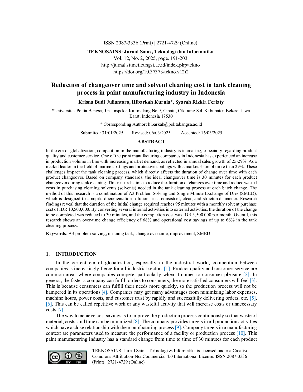 JURIS Reduction of changeover time and solvent cleaning cost in tank cleaning process in paint manufacturing industry in Indonesia