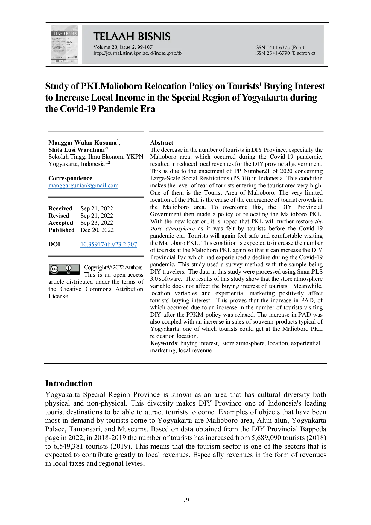 JURIS Study of PKLMalioboro Relocation Policy on Tourists Buying Interest to Increase Local Income in the Special Region of Yogyakarta during the Covid 19 Pandemic Era