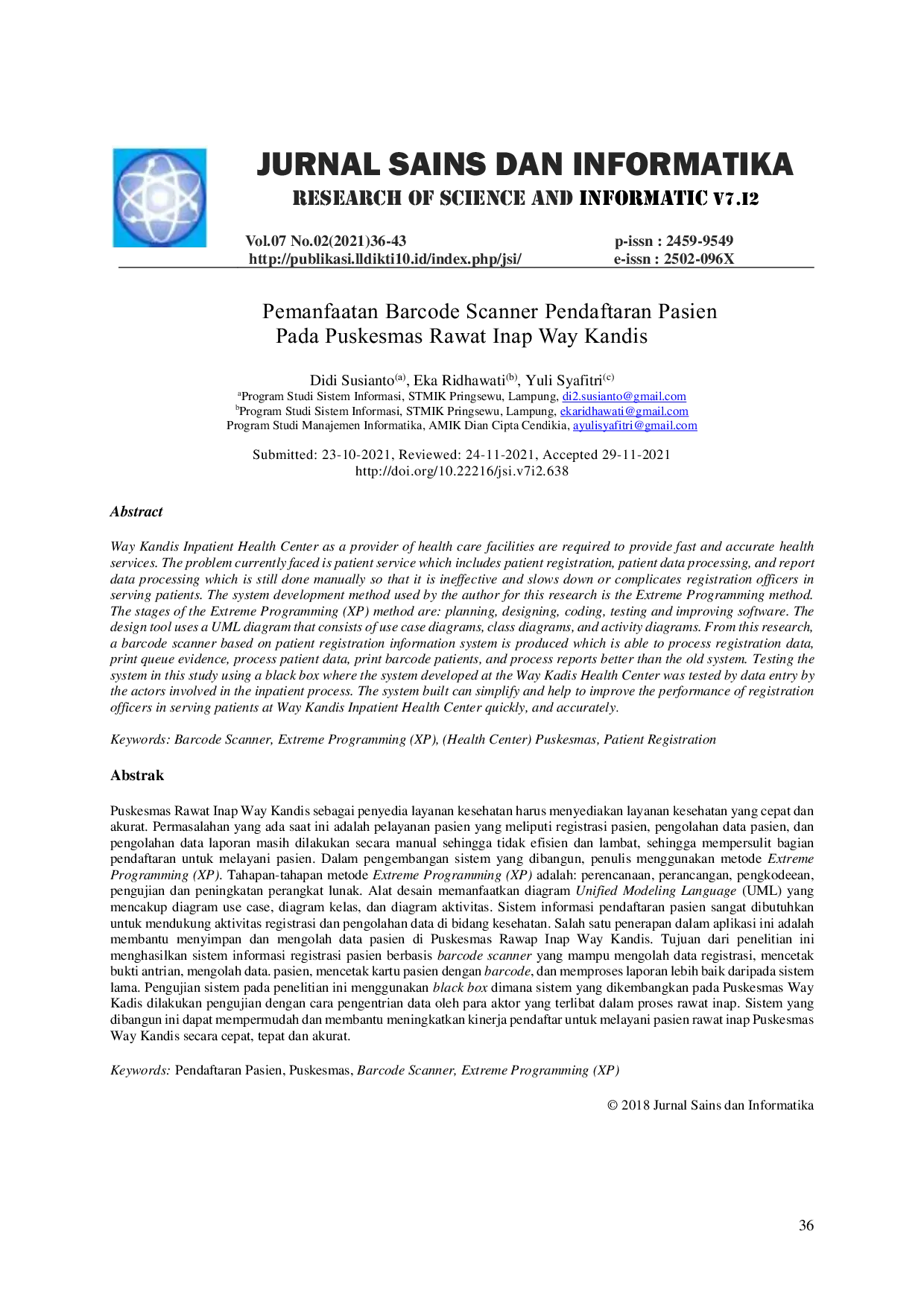 JURIS Pemanfaatan Barcode Scanner Pendaftaran Pasien Pada Puskesmas Rawat Inap Way Kandis