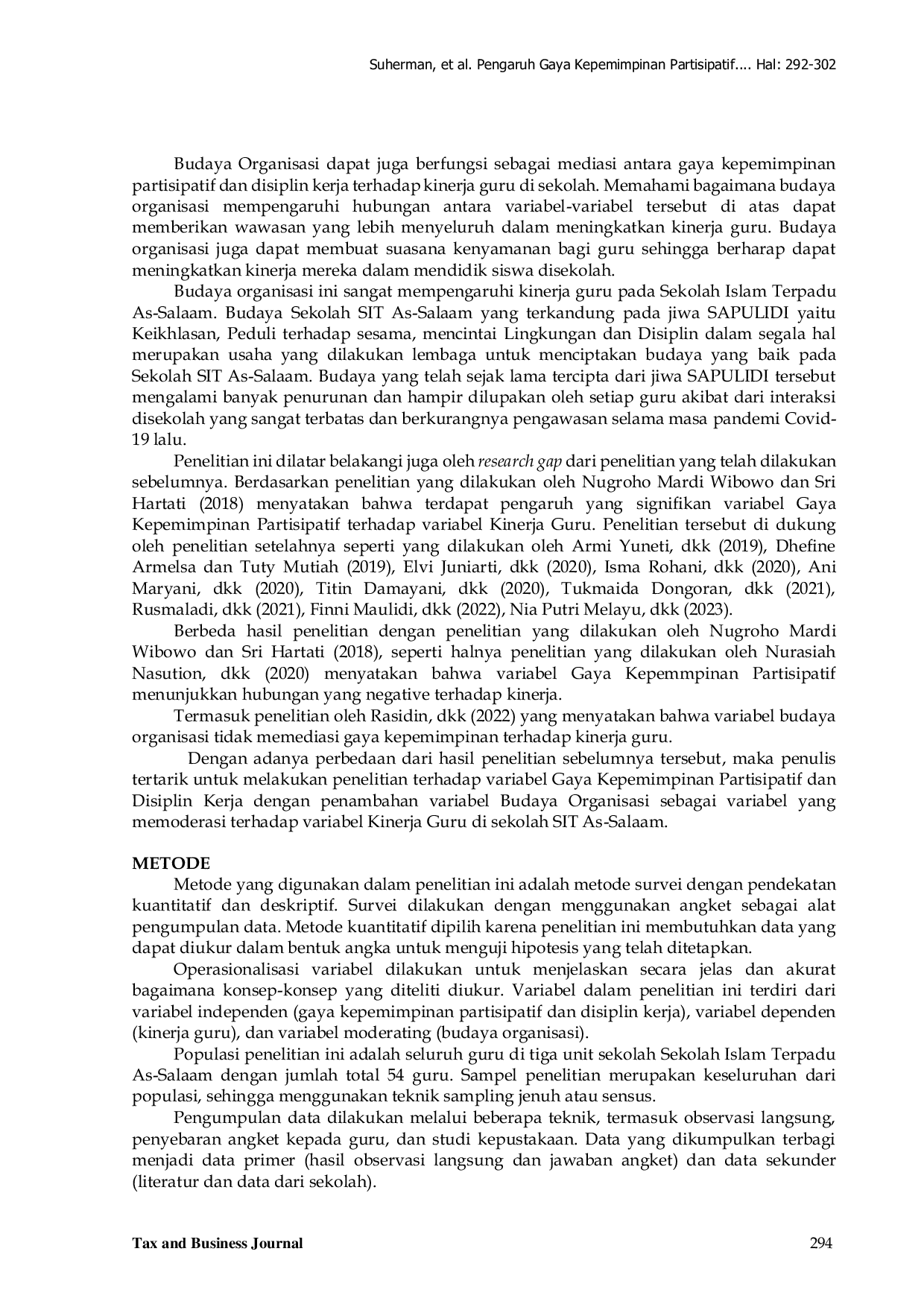 JURIS Pengaruh Gaya Kepemimpinan Partisipatif Dan Disiplin Kerja Terhadap Kinerja Guru Dengan Budaya Organisasi Sebagai Variabel Moderating