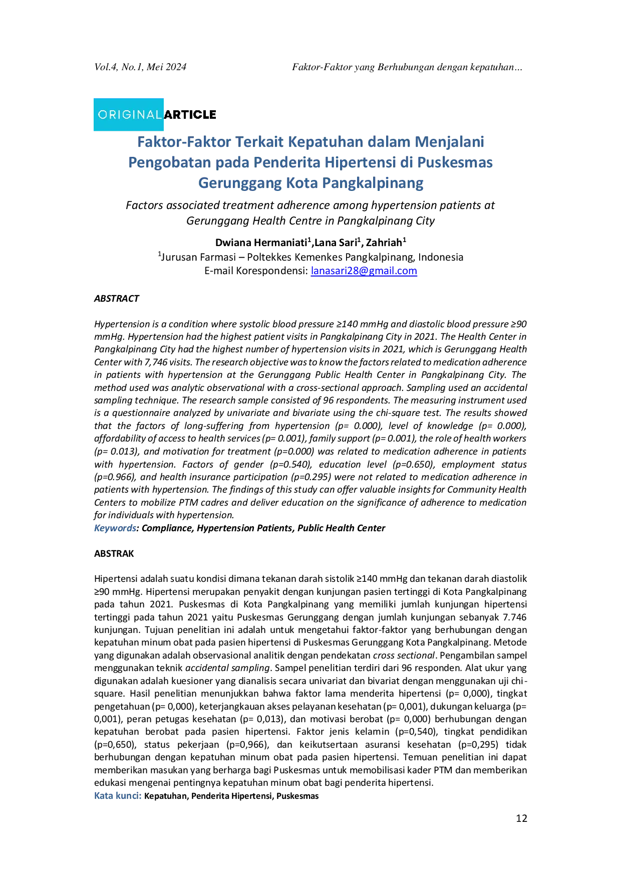 JURIS Faktor Faktor Terkait Kepatuhan dalam Menjalani Pengobatan pada Penderita Hipertensi di Puskesmas Gerunggang Kota Pangkalpinang
