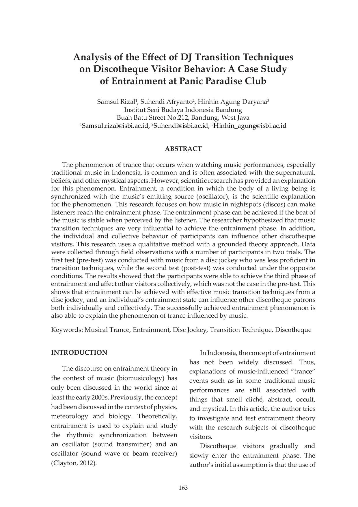 JURIS Analysis of the Effect of DJ Transition Techniques on Discotheque Visitor Behavior A Case Study of Entrainment at Panic Paradise Club