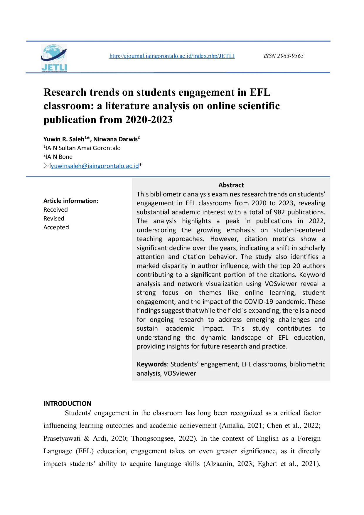 JURIS Research Trends on Students Engagement in EFL Classroom A Literature Analysis on Online Scientific Publication from 2020 2023