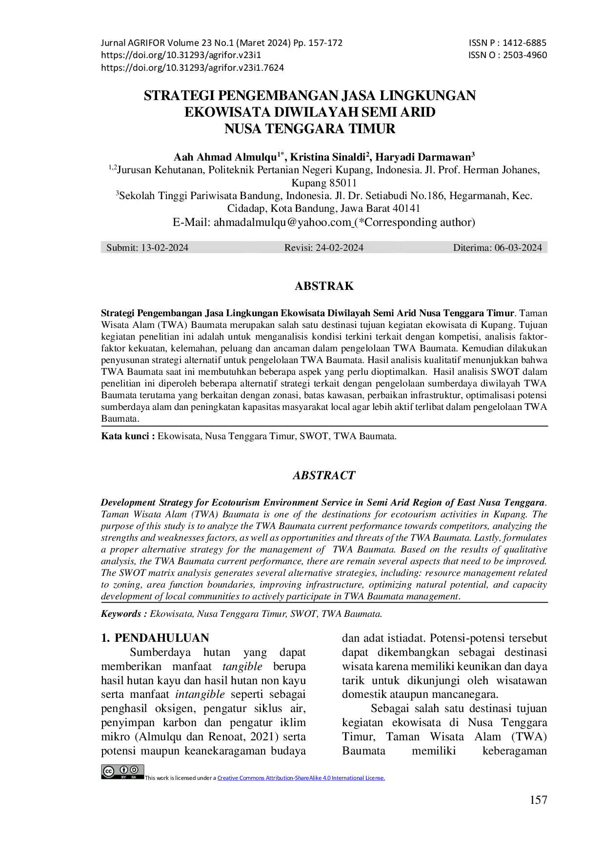 JURIS Strategi Pengembangan Jasa Lingkungan Ekowisata Di Wilayah Semi Arid Nusa Tenggara Timur