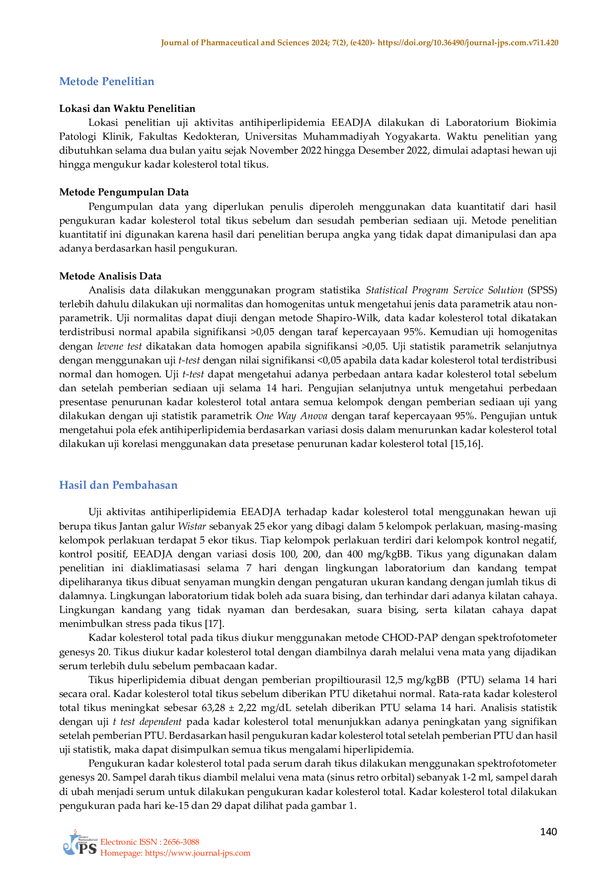 JURIS Antihyperlipidemic Activity Test of Ethyl Acetate Extract of Guava Leaves Syzygium aqueum on Total Cholesterol Levels in Male Wistar Rats