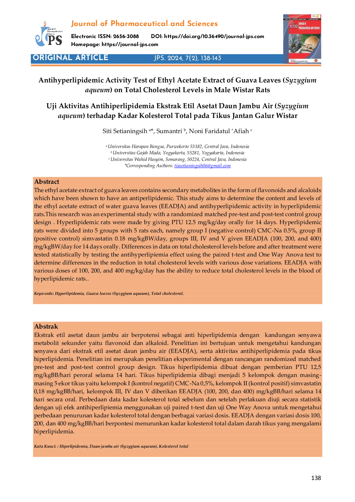 JURIS Antihyperlipidemic Activity Test of Ethyl Acetate Extract of Guava Leaves Syzygium aqueum on Total Cholesterol Levels in Male Wistar Rats