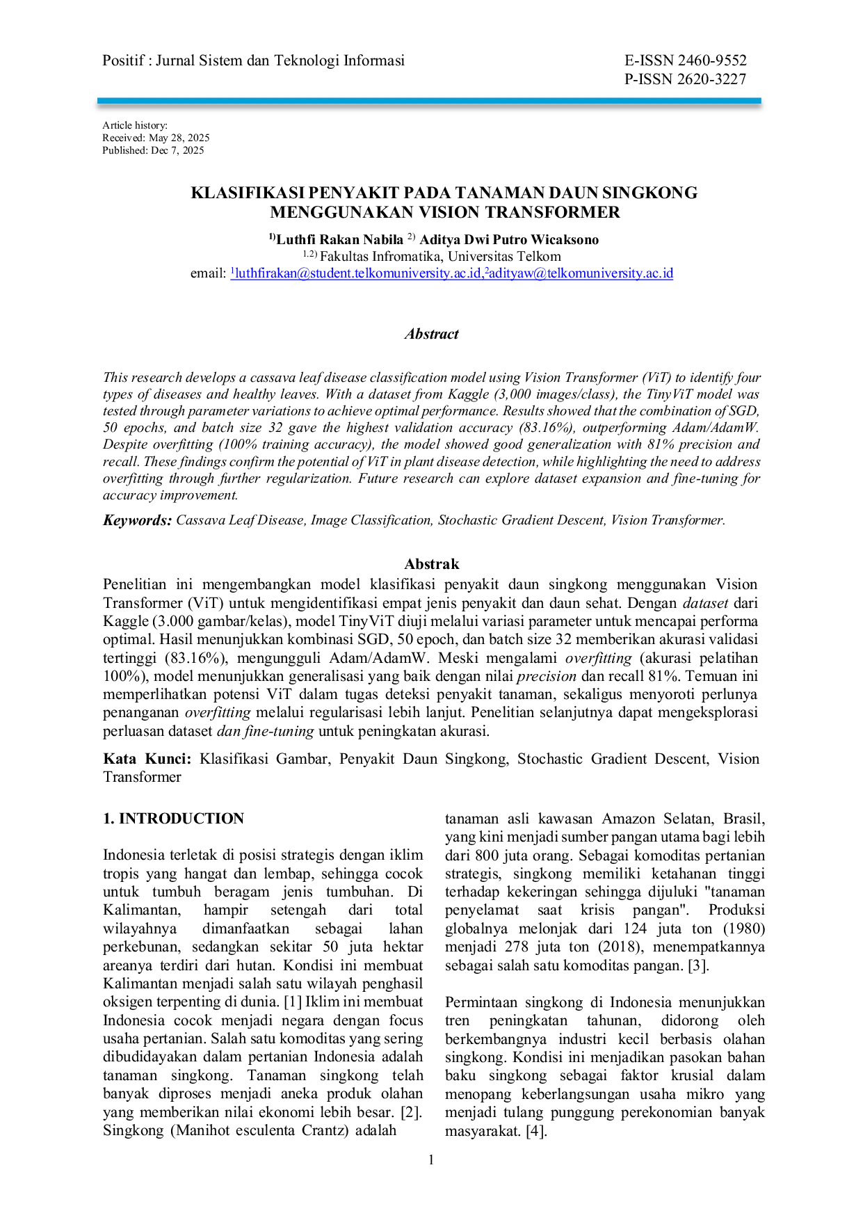 JURIS Klasifikasi Penyakit Pada Tanaman Daun Singkong Menggunakan Vision Transformer