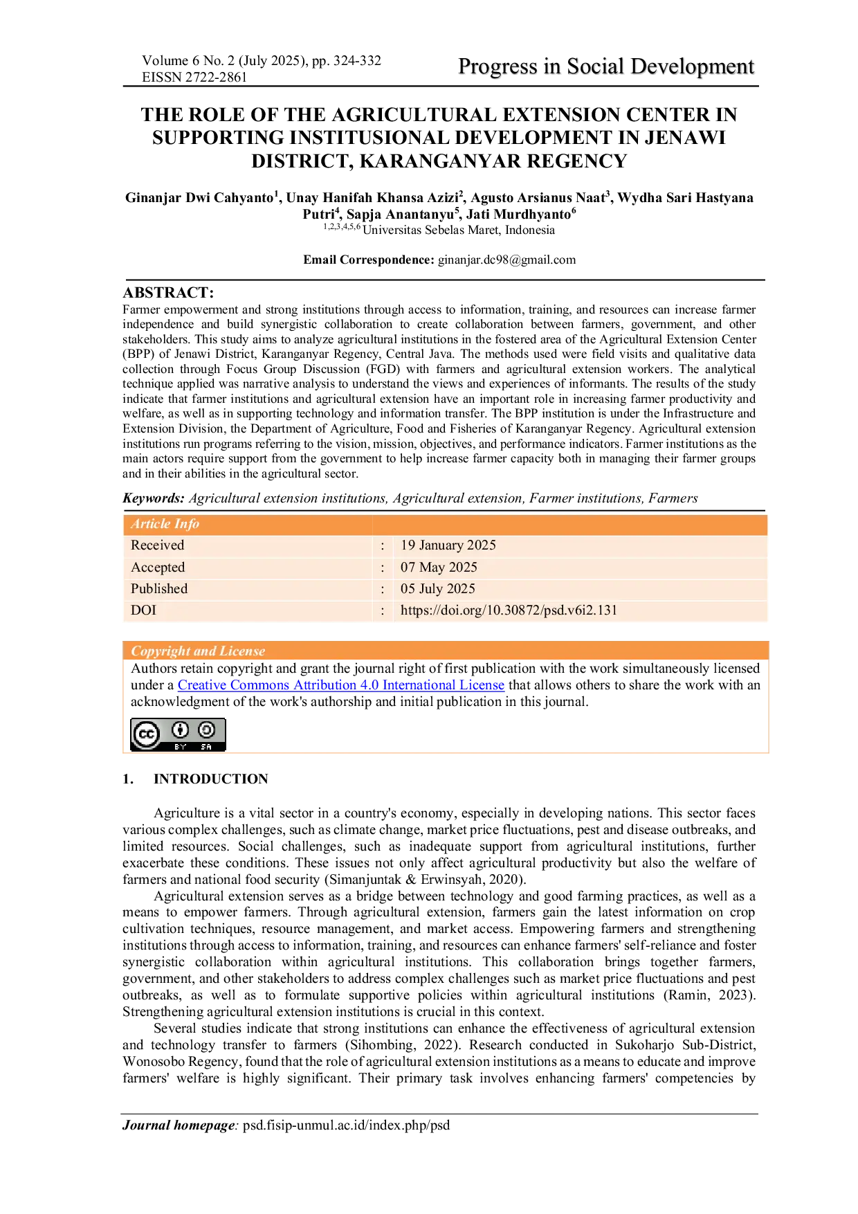 JURIS THE ROLE OF THE AGRICULTURAL EXTENSION CENTER IN SUPPORTING INSTITUTIONAL DEVELOPMENT IN JENAWI DISTRICT KARANGANYAR REGENCY