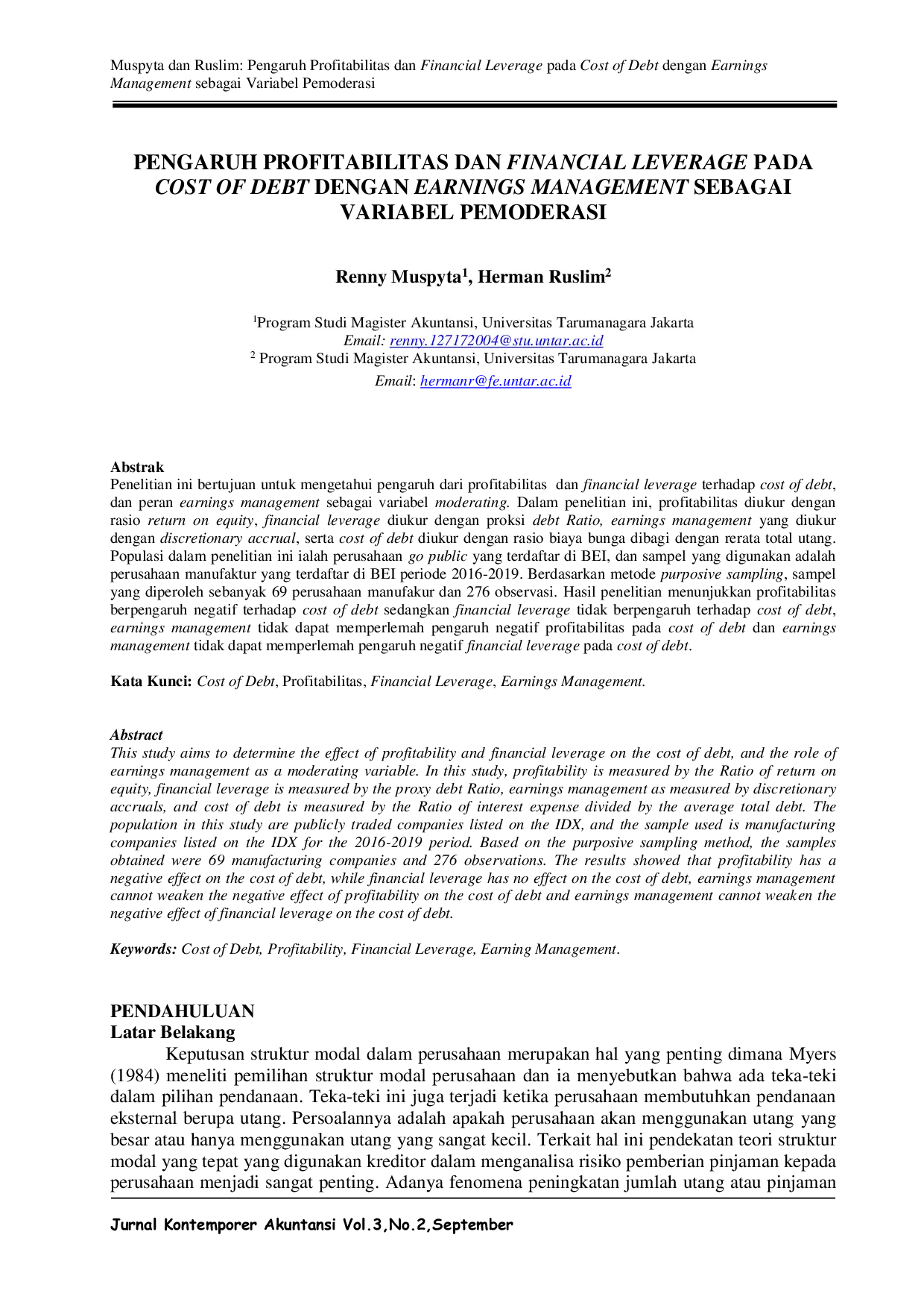 JURIS Pengaruh Profitabilitas Dan Financial Leverage Pada Cost Of Debt Dengan Earnings Management Sebagai Variabel Pemoderasi