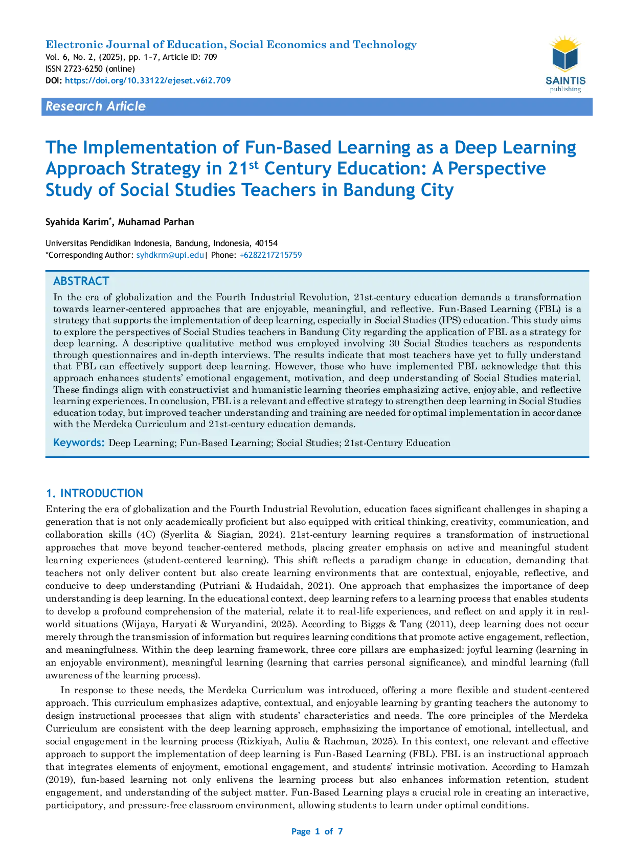 JURIS The Implementation of Fun Based Learning as a Deep Learning Approach Strategy in 21st Century Education A Perspective Study of Social Studies Teachers in Bandung City