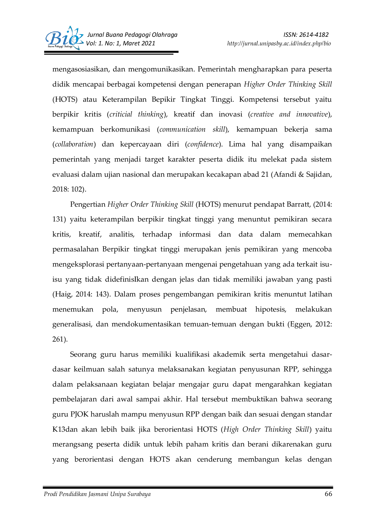 JURIS Penerapan Pembelajaran PJOK Berbasis HOTS Higher Order Thinking Skill di SDN Kalipecabean Kecamatan Candi Kabupaten Sidoarjo