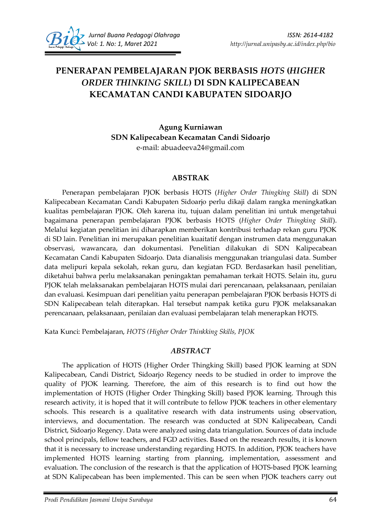 JURIS Penerapan Pembelajaran PJOK Berbasis HOTS Higher Order Thinking Skill di SDN Kalipecabean Kecamatan Candi Kabupaten Sidoarjo