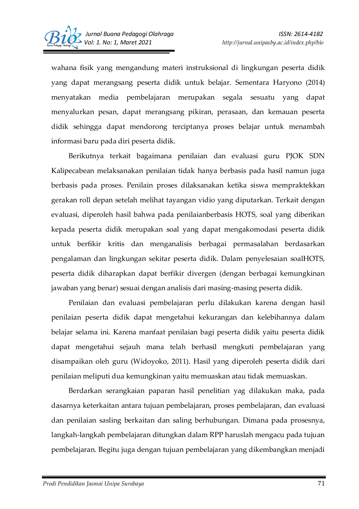 JURIS Penerapan Pembelajaran PJOK Berbasis HOTS Higher Order Thinking Skill di SDN Kalipecabean Kecamatan Candi Kabupaten Sidoarjo