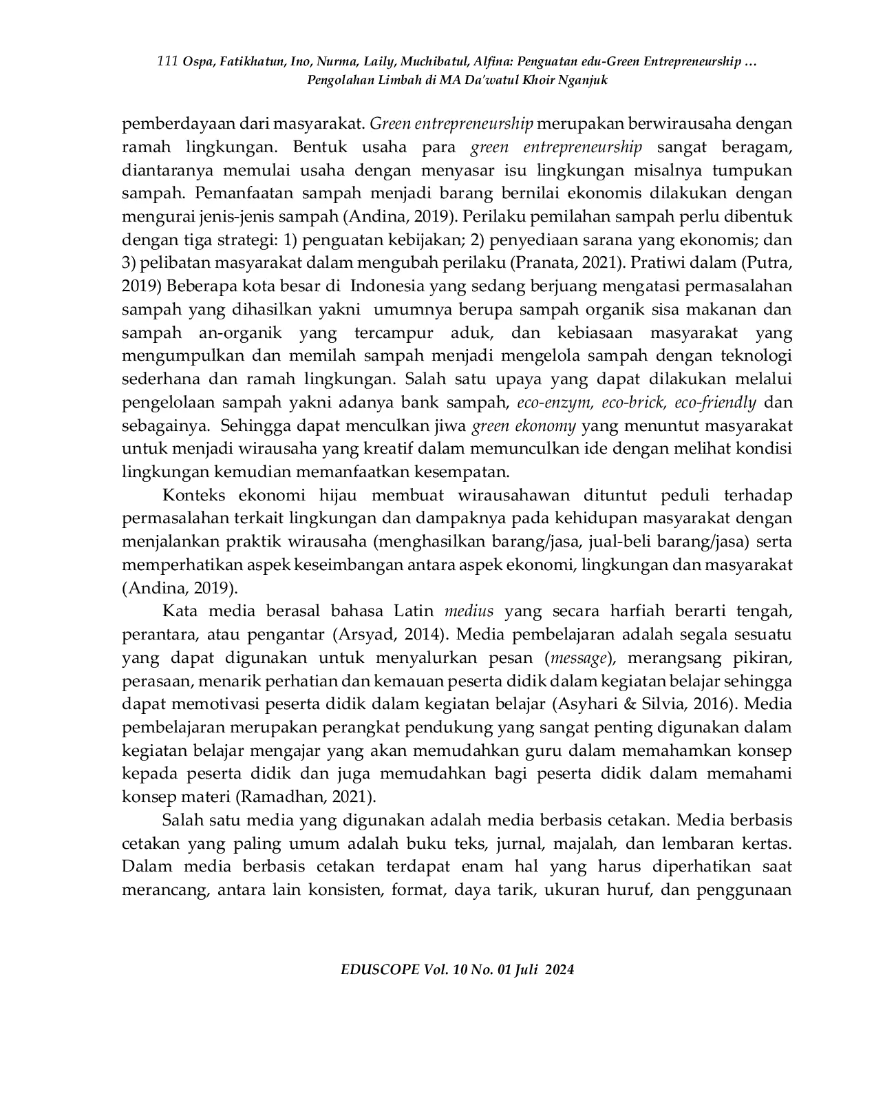 JURIS Penguatan edu Green Entrepreneurship melalui Pengembangan Leaflet Projek Rezin Blok dalam Pengolahan Limbah di MA Da watul Khoir Nganjuk