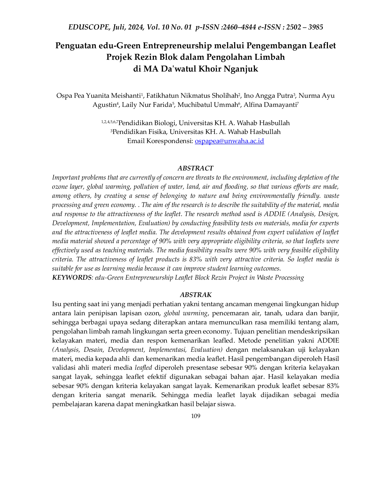 JURIS Penguatan edu Green Entrepreneurship melalui Pengembangan Leaflet Projek Rezin Blok dalam Pengolahan Limbah di MA Da watul Khoir Nganjuk