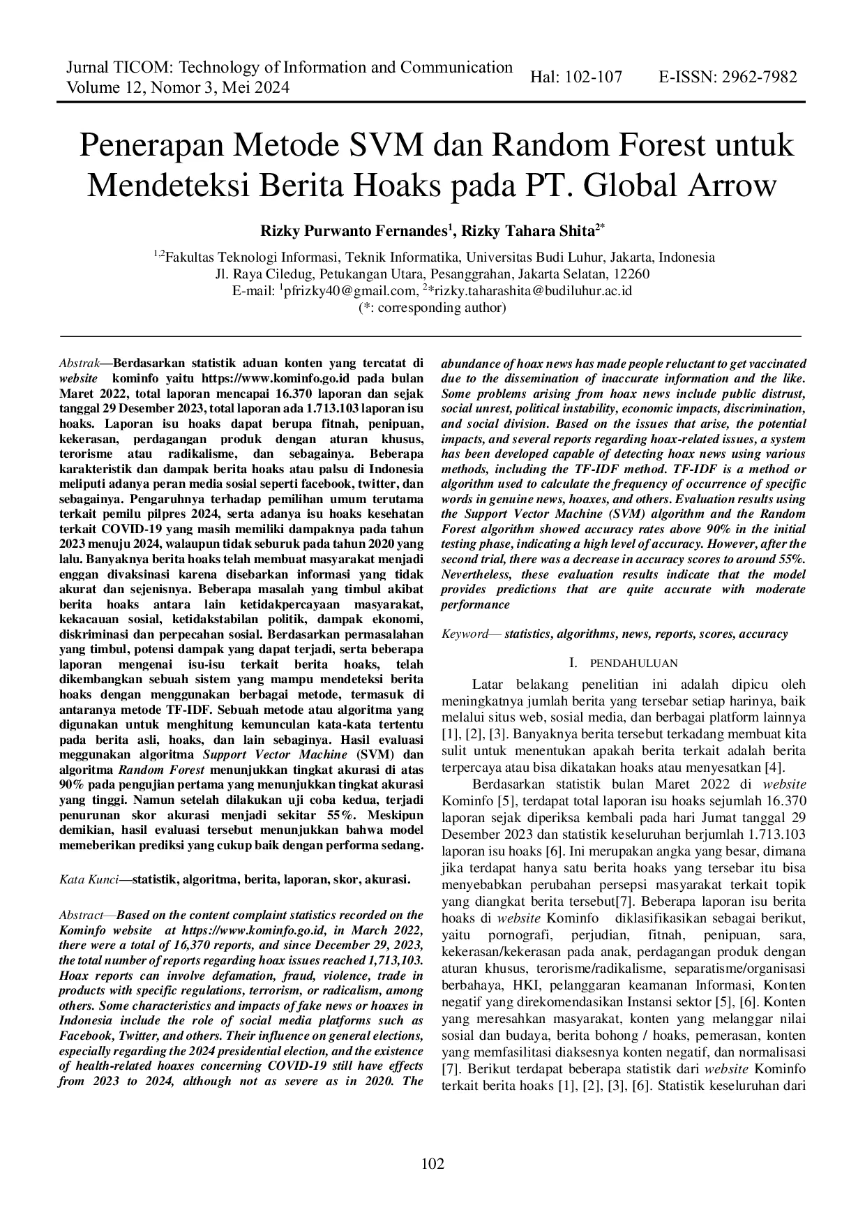 JURIS Penerapan Metode SVM dan Random Forest untuk Mendeteksi Berita Hoaks pada PT Global Arrow