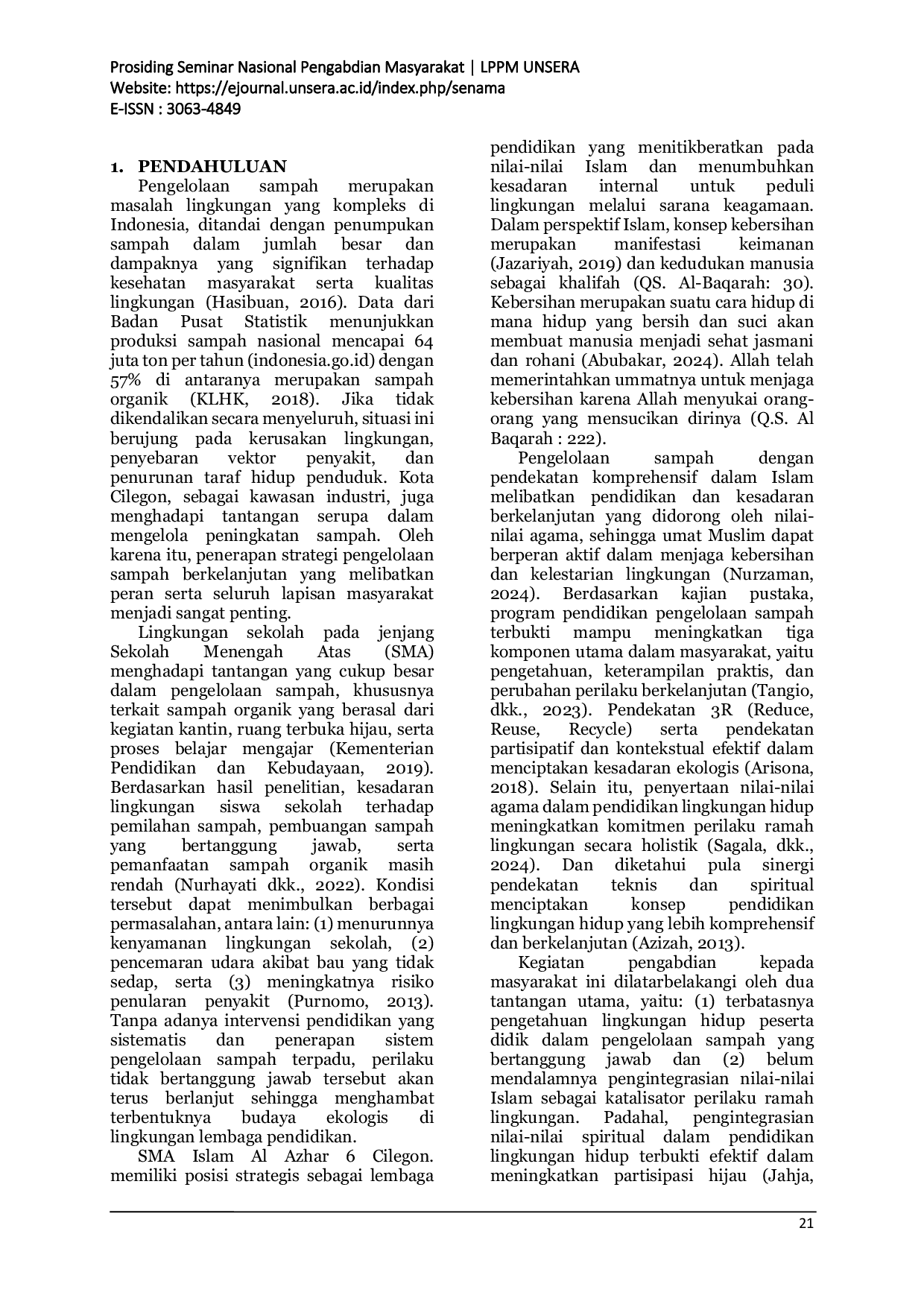 JURIS Edukasi Waste Management dalam Perspektif Gaya Hidup Islami bagi Siswa SMA Islam Al Azhar 6 Cilegon