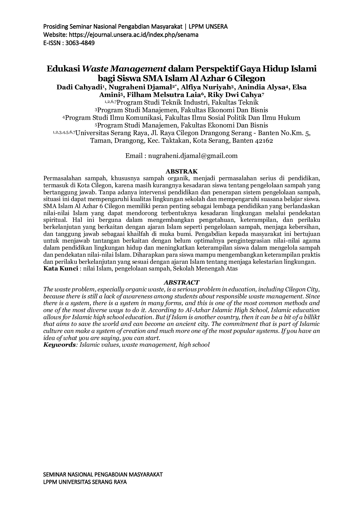 JURIS Edukasi Waste Management dalam Perspektif Gaya Hidup Islami bagi Siswa SMA Islam Al Azhar 6 Cilegon