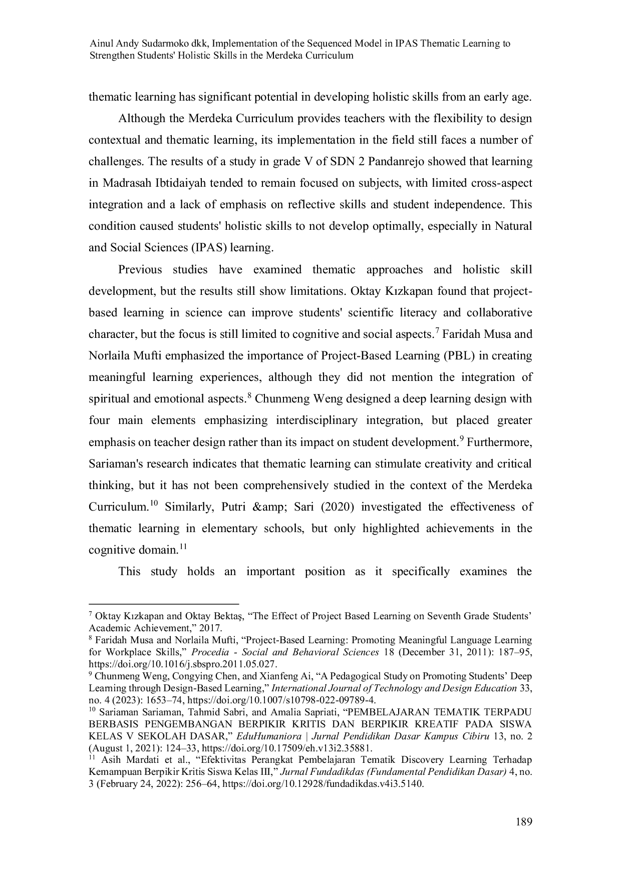 JURIS Implementation of the Sequenced Model in IPAS Thematic Learning to Strengthen Students Holistic Skills in the Merdeka Curriculum