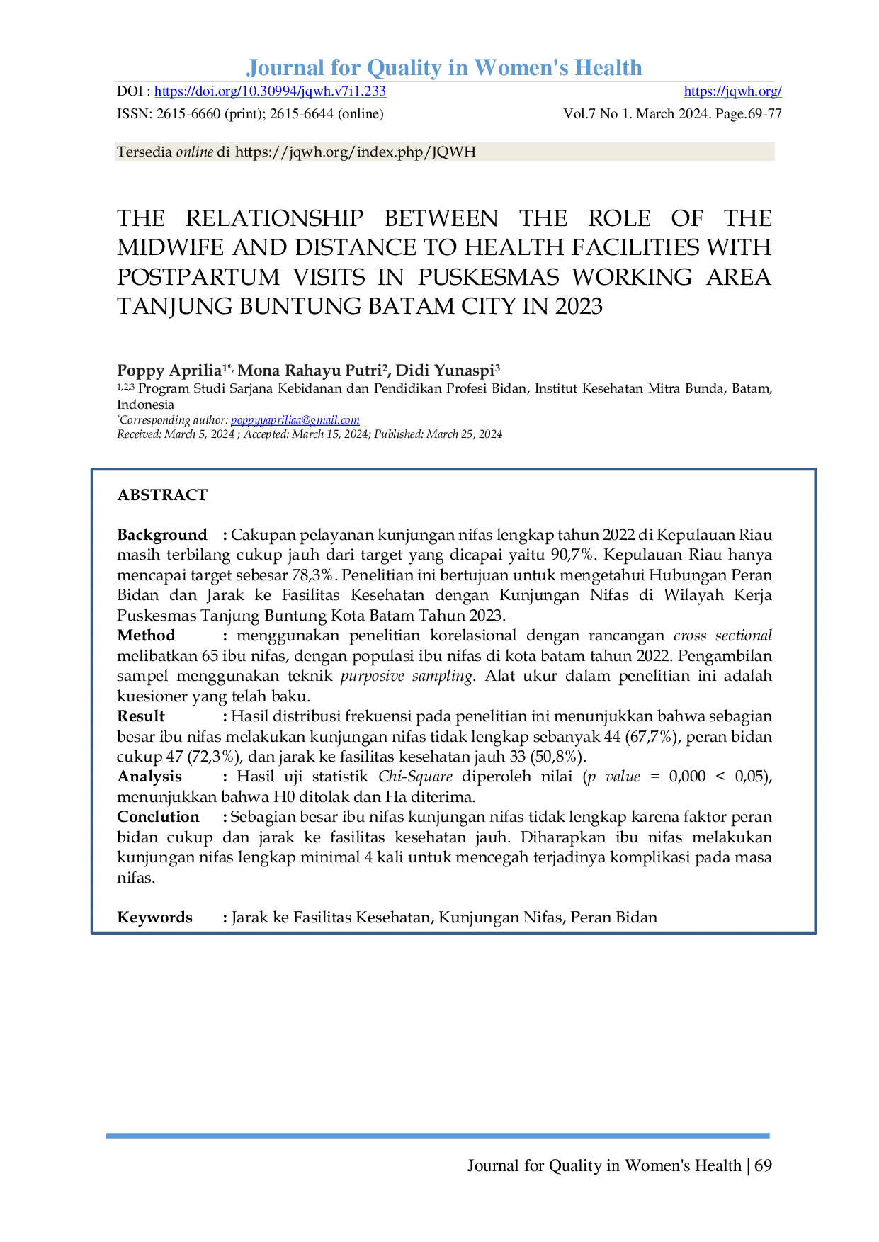 JURIS Hubungan Peran Bidan Dan Jarak Ke Fasilitas Kesehatan Dengan Kunjungan Nifas Di Wilayah Kerja Puskesmas Tanjung Buntung Kota Batam Tahun 2023