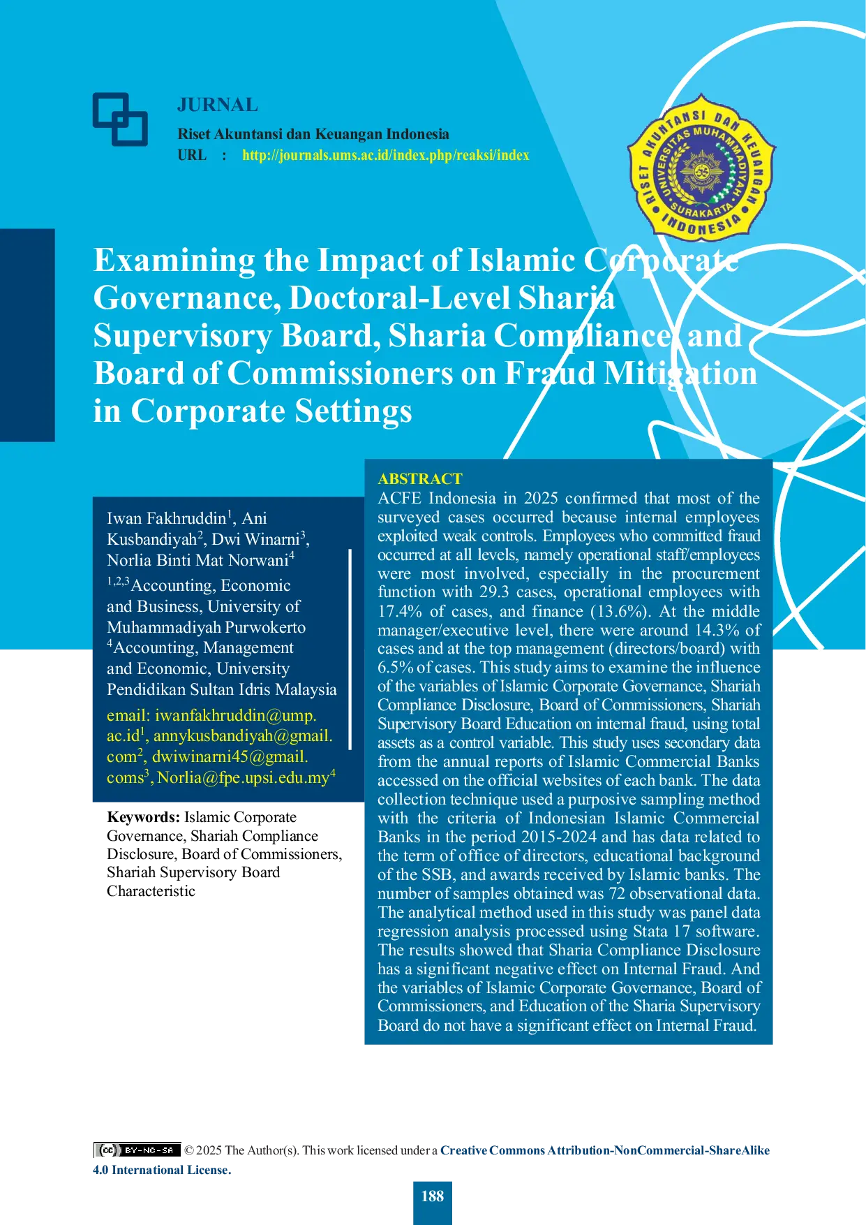 JURIS Examining The Impact of Islamic Corporate Governance Doctoral Level Sharia Supervisory Board Sharia Compliance and Board of Commissioners on Fraud Mitigation in Corporate Settings