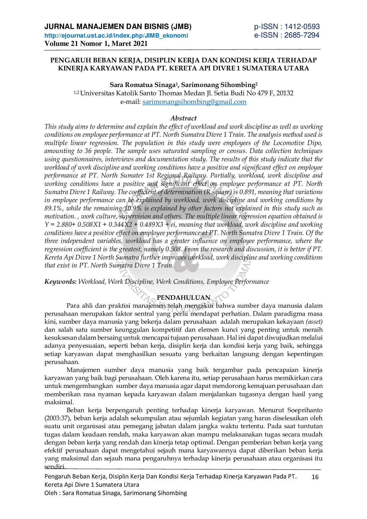 JURIS Pengaruh Beban Kerja Disiplin Kerja Dan Kondisi Kerja Terhadap Kinerja Karyawan Pada PT Kereta Api Divre 1 Sumatera Utara