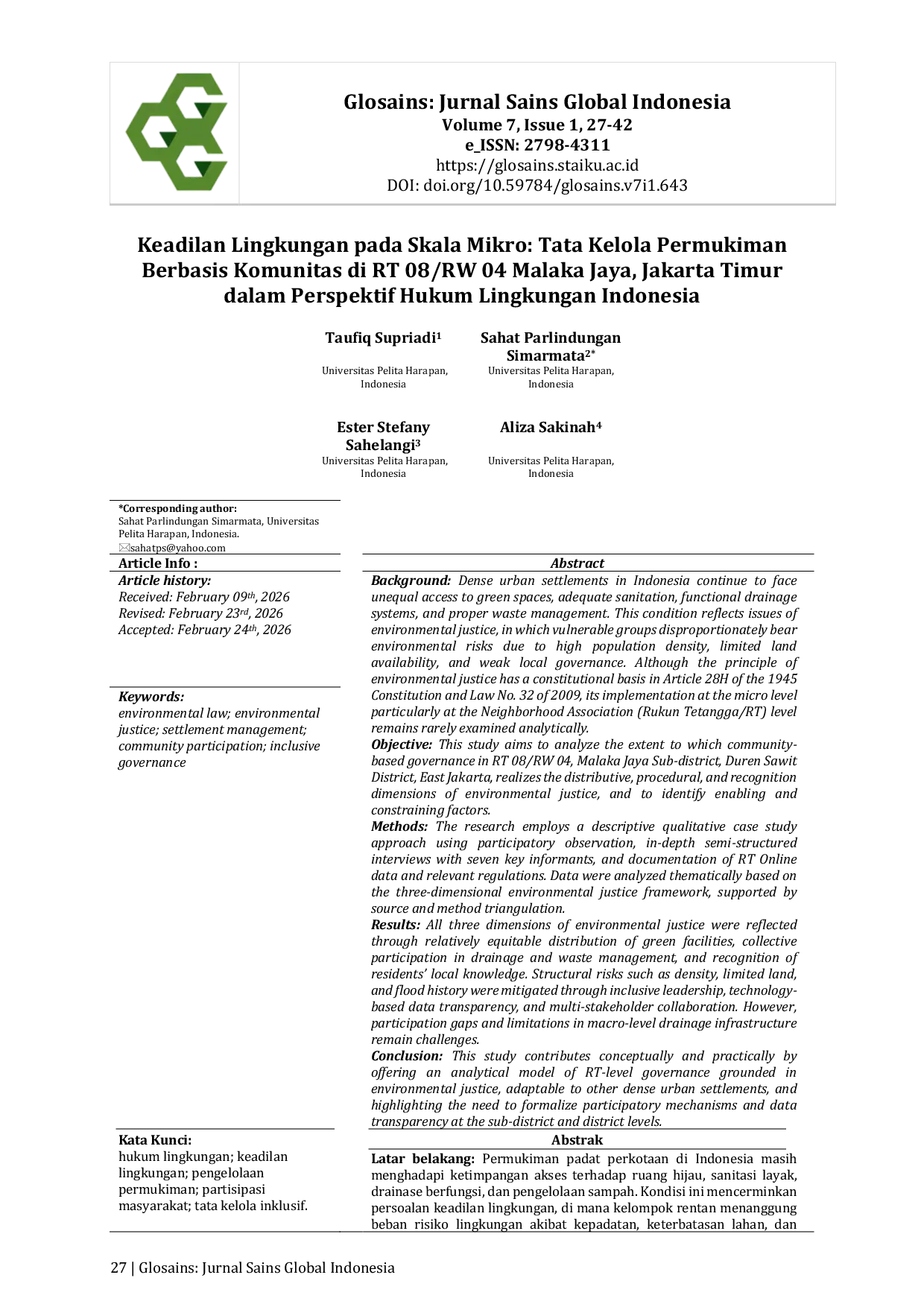 JURIS Keadilan Lingkungan pada Skala Mikro Tata Kelola Permukiman Berbasis Komunitas di RT 08 RW 04 Malaka Jaya Jakarta Timur dalam Perspektif Hukum Lingkungan Indonesia